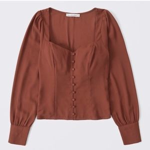 ABERCROMBIE & FITCH Brown Feminine Corset Style Long-Sleeve Button V-Neck Blouse